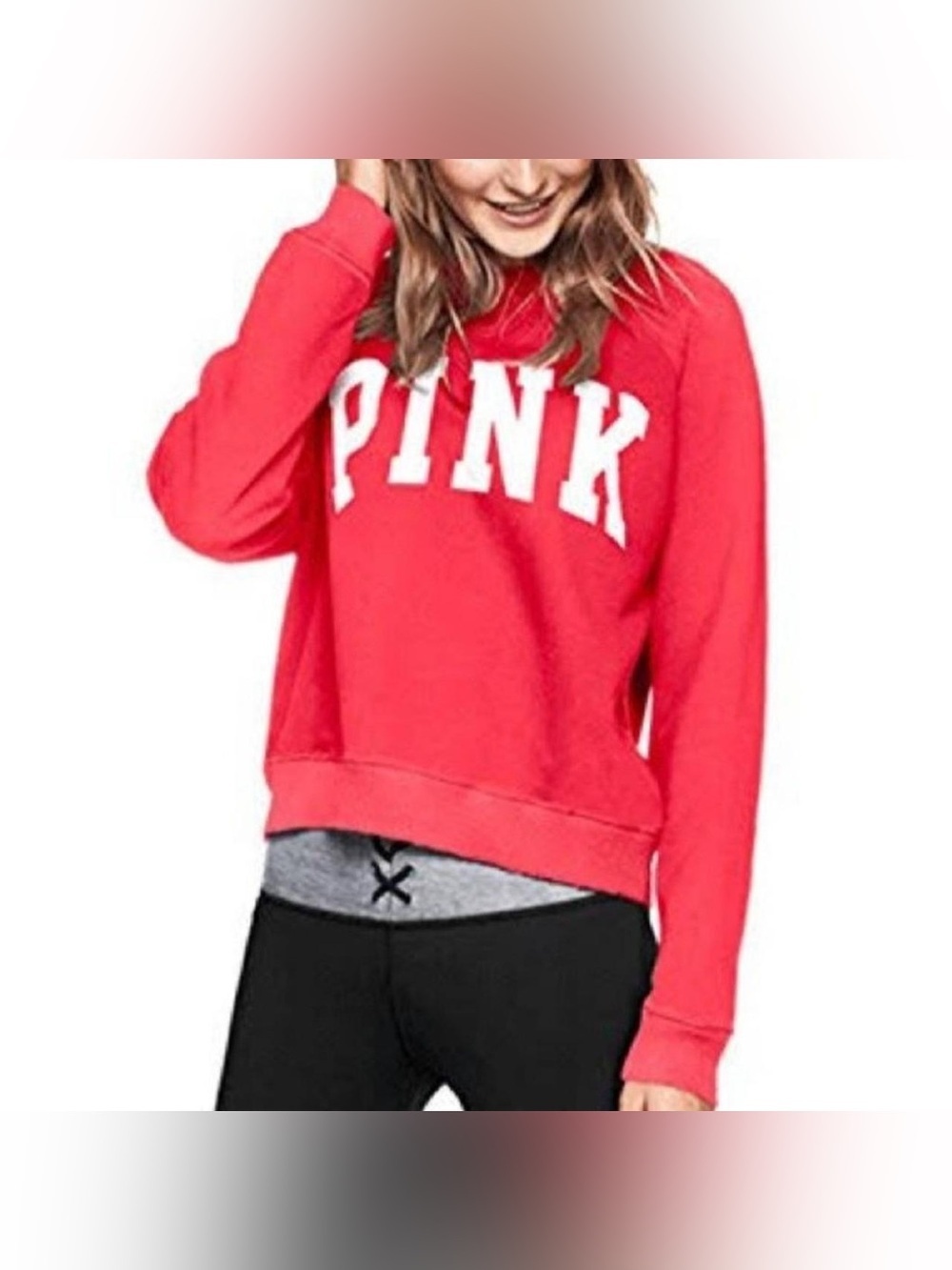 Victorias Secret PINK Red Distressed Logo Crewneck Sweatshirt Size Medium